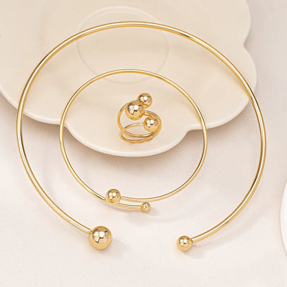 New Jewelry Set for Women Simple Asymmetric Geometric Beads Gold-plated Ring Bracelet Necklace Smooth Opening Accessories Gifts